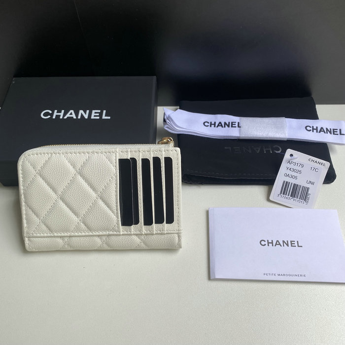 Chanel Grain Calfskin Zip Card Holder AP3179 White