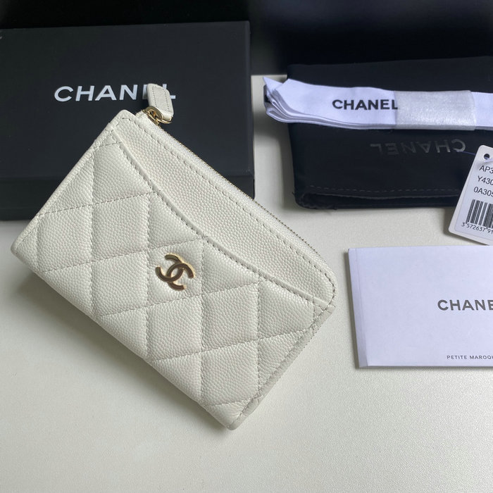 Chanel Grain Calfskin Zip Card Holder AP3179 White