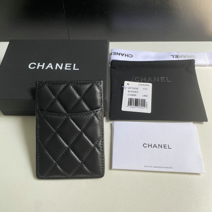 Chanel Lambskin Card Holder Black with Silver AP3595