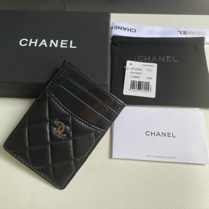 Chanel Lambskin Card Holder Black with Silver AP3595