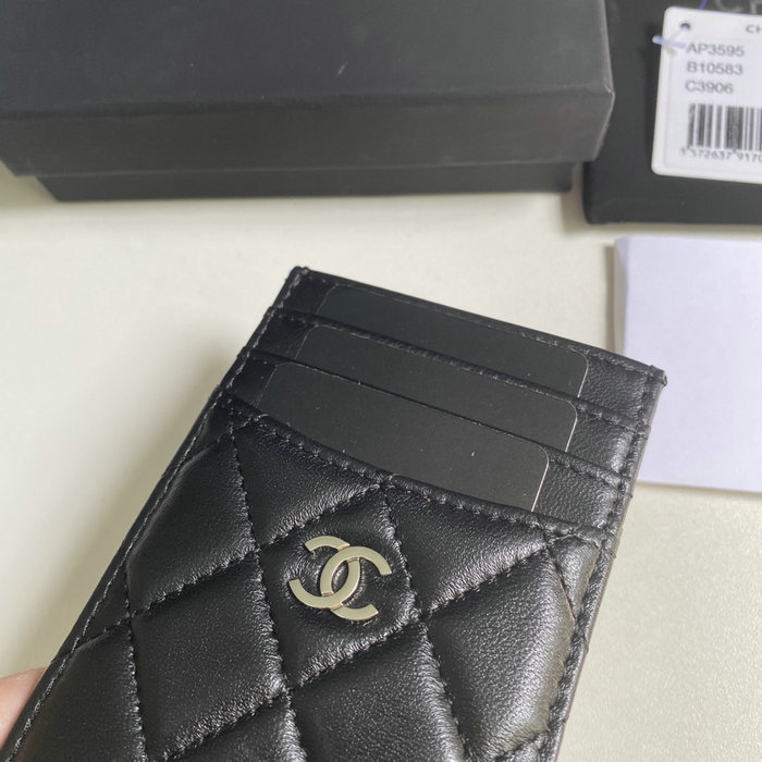 Chanel Lambskin Card Holder Black with Silver AP3595