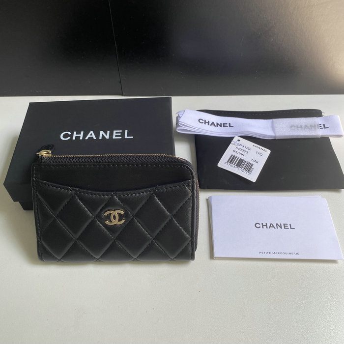 Chanel Lambskin Zip Card Holder Black with Gold AP3179