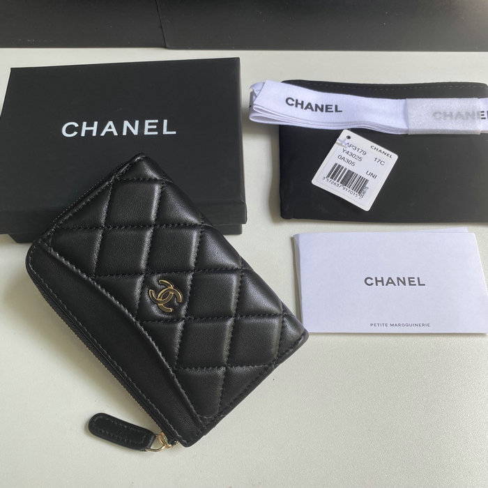 Chanel Lambskin Zip Card Holder Black with Gold AP3179