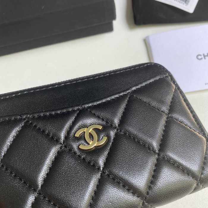 Chanel Lambskin Zip Card Holder Black with Gold AP3179