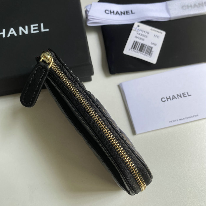 Chanel Lambskin Zip Card Holder Black with Gold AP3179