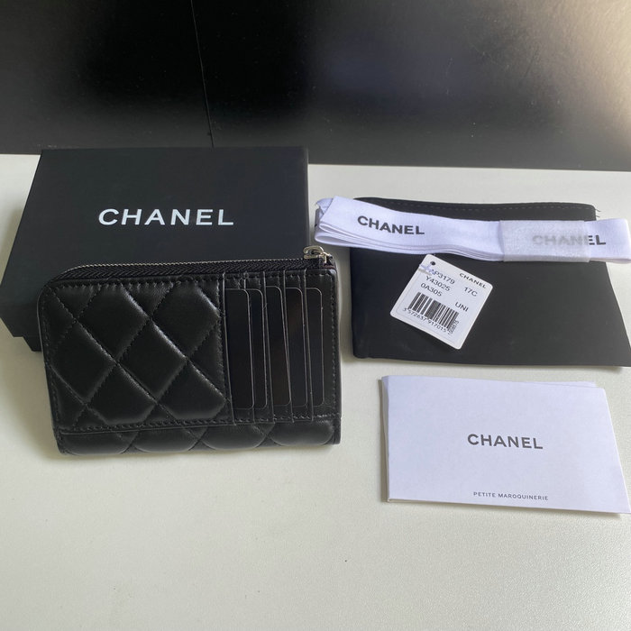 Chanel Lambskin Zip Card Holder Black with Silver AP3179