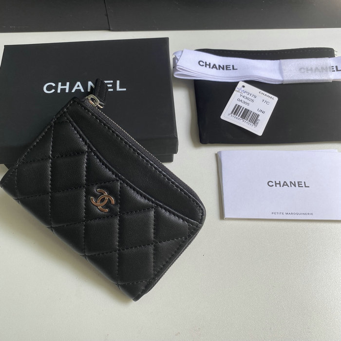 Chanel Lambskin Zip Card Holder Black with Silver AP3179