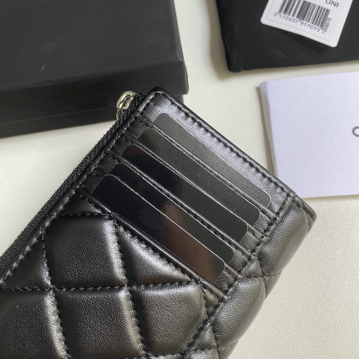 Chanel Lambskin Zip Card Holder Black with Silver AP3179