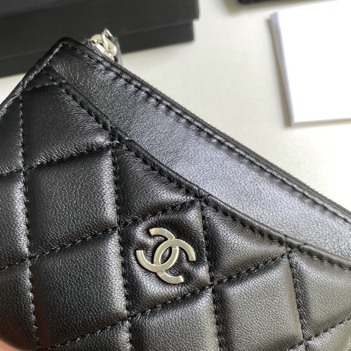 Chanel Lambskin Zip Card Holder Black with Silver AP3179