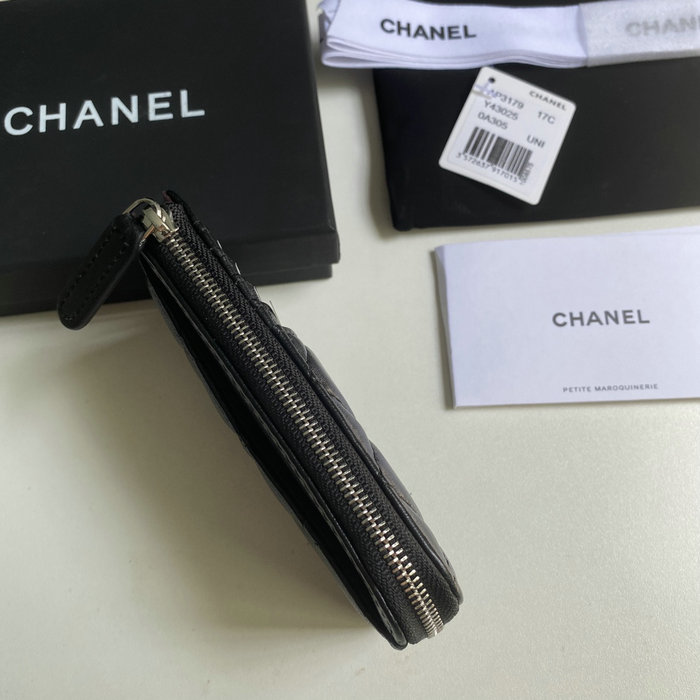 Chanel Lambskin Zip Card Holder Black with Silver AP3179