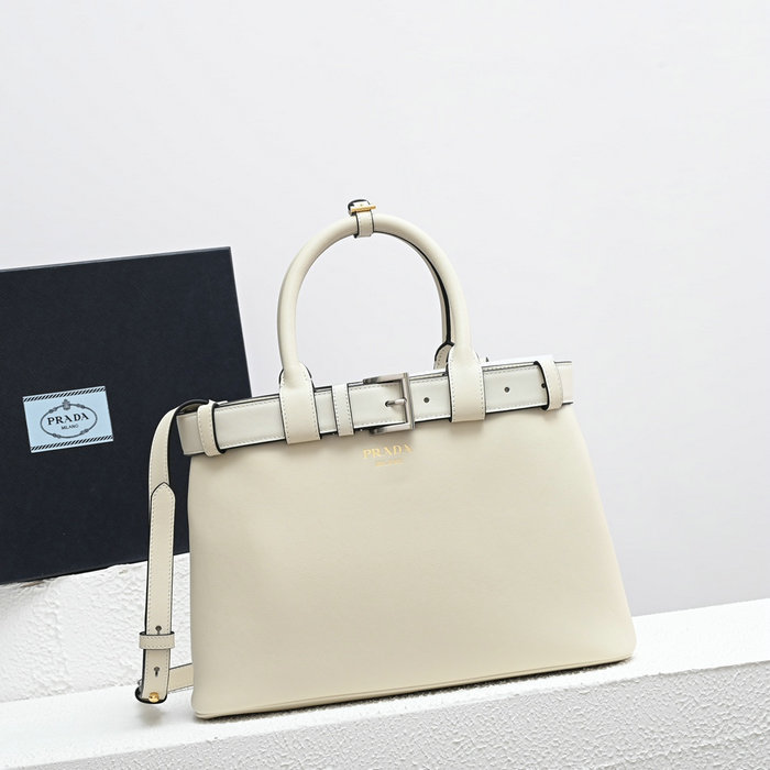 Prada Buckle Medium Leather Handbag White 1BA434