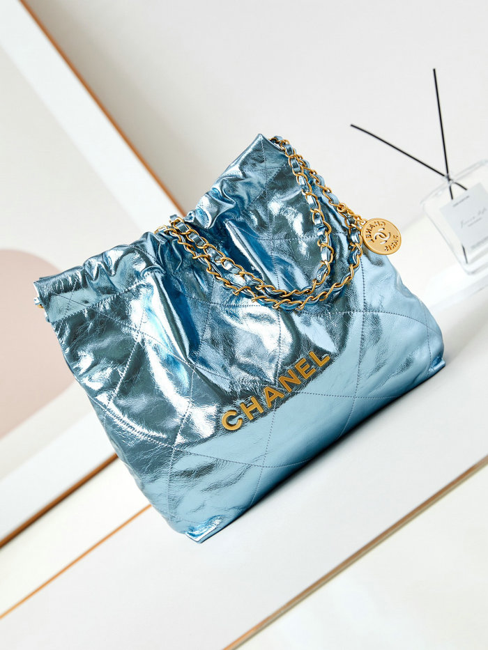 Small Chanel 22 Handbag AS3260 Metallic Blue