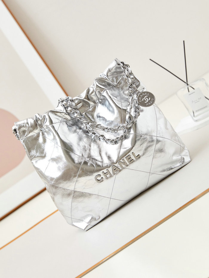 Small Chanel 22 Handbag AS3260 Metallic Silver