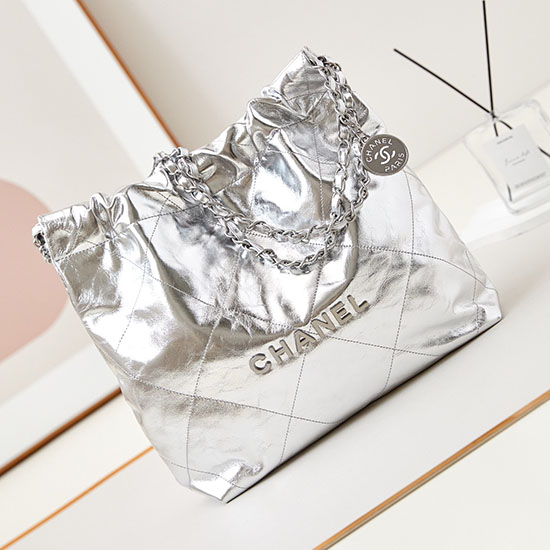 Small Chanel 22 Handbag AS3260 Metallic Silver