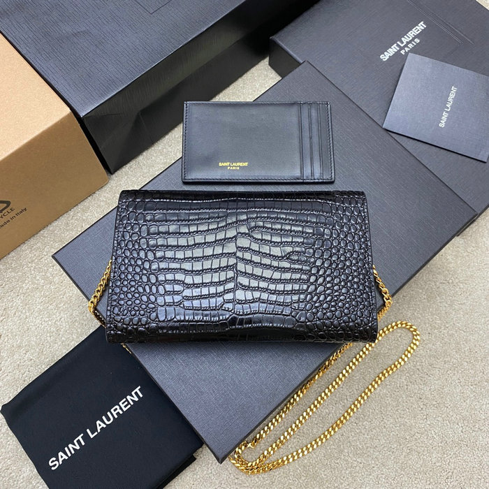 Saint Laurent Crocodile Uptown Chain Wallet 607788 Black with Gold