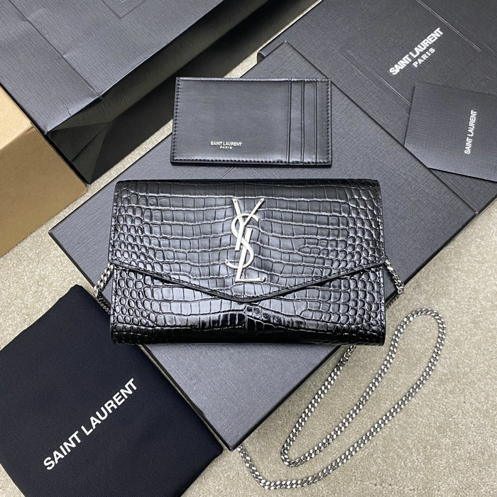 Saint Laurent Crocodile Uptown Chain Wallet 607788 Black with Silver