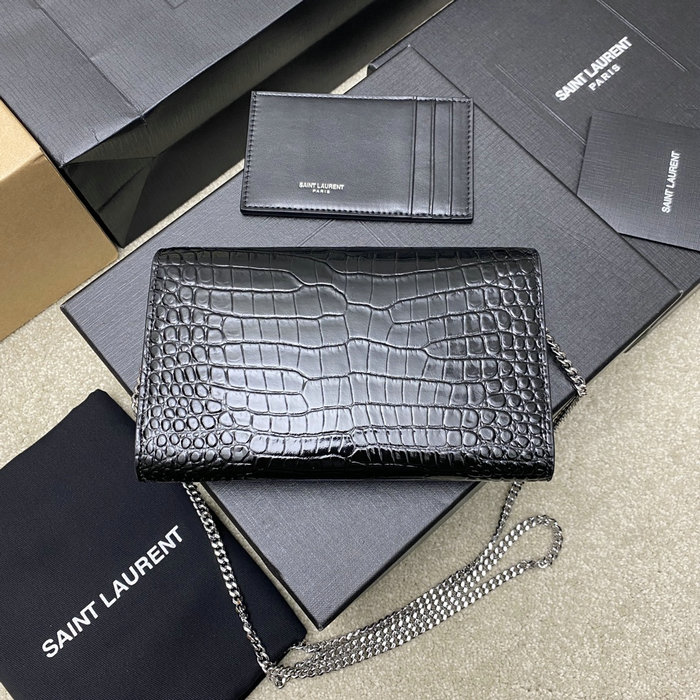 Saint Laurent Crocodile Uptown Chain Wallet 607788 Black with Silver