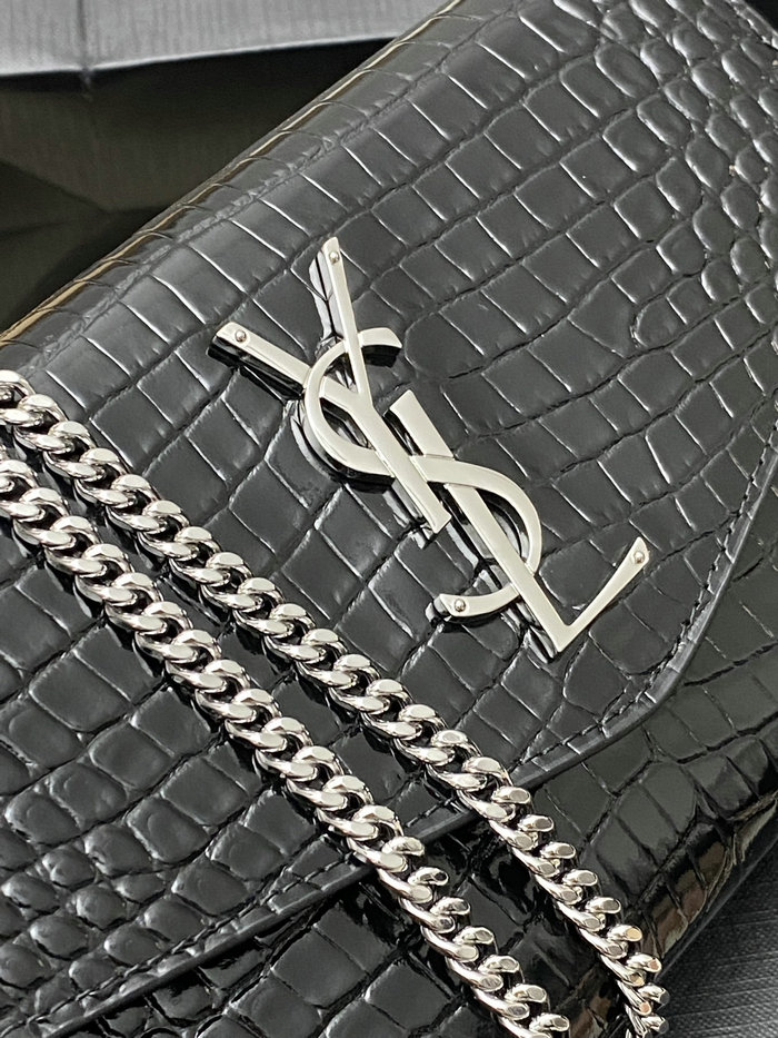 Saint Laurent Crocodile Uptown Chain Wallet 607788 Black with Silver