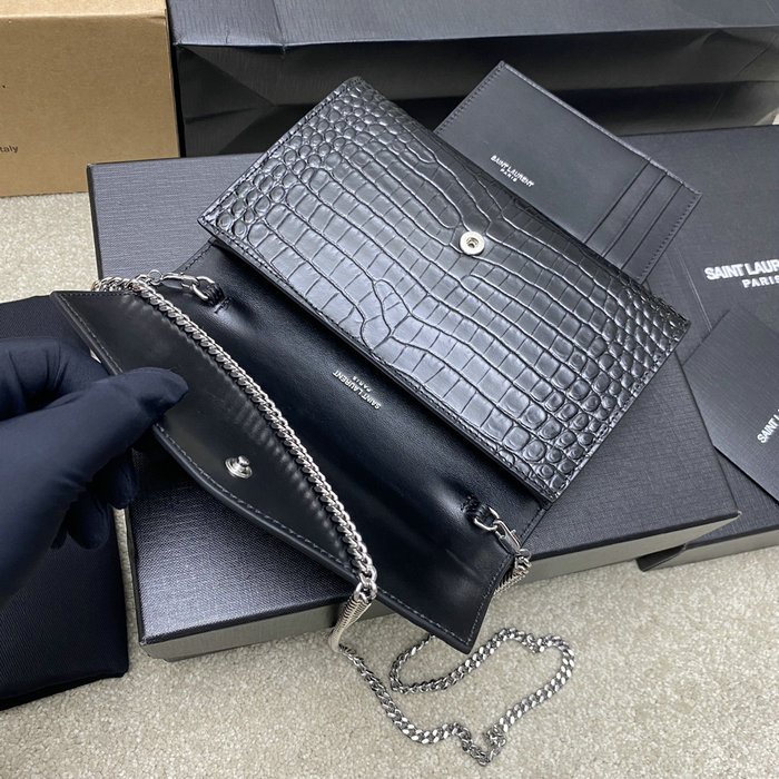 Saint Laurent Crocodile Uptown Chain Wallet 607788 Black with Silver