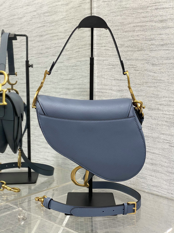 Dior Grained Calfskin Saddle Bag with Strap Denim Blue M0455