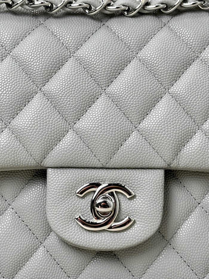 Medium Chanel Grained Calfskin Flap Bag A01112 Grey with Silver