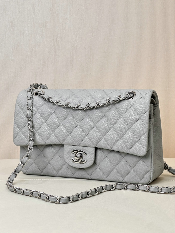 Medium Chanel Grained Calfskin Flap Bag A01112 Grey with Silver