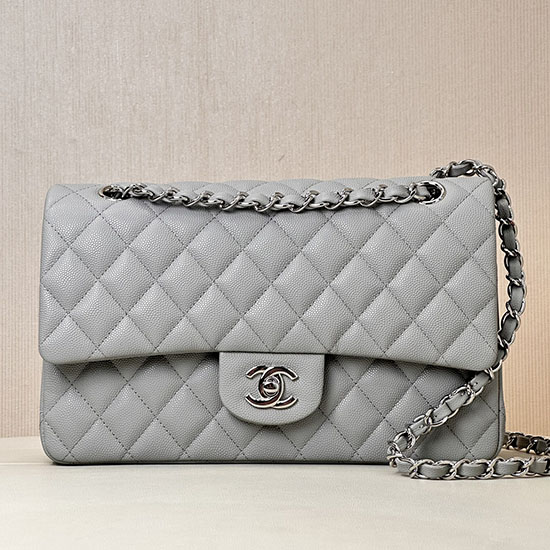 Medium Chanel Grained Calfskin Flap Bag A01112 Grey with Silver