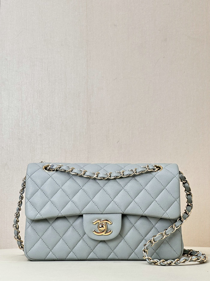 Small Chanel Grained Calfskin Flap Bag A01117 Grey with Gold