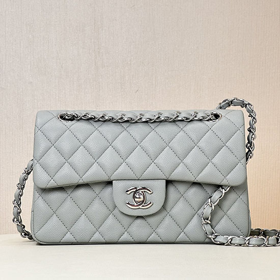 Small Chanel Grained Calfskin Flap Bag A01117 Grey with Silver