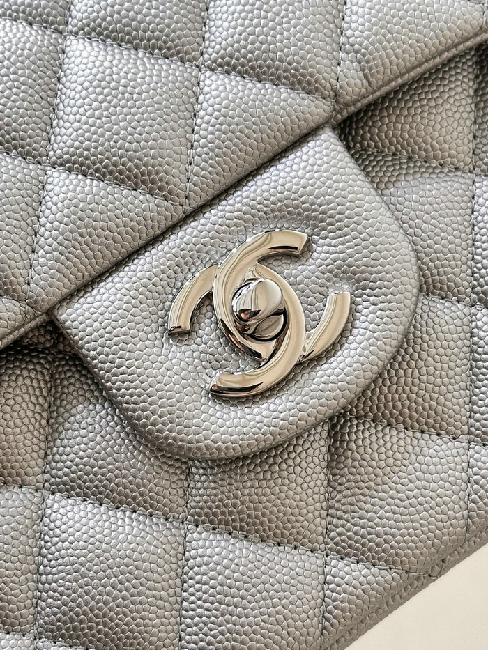 Small Chanel Grained Calfskin Flap Bag A01117 Silver