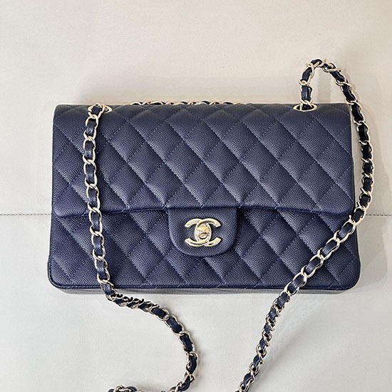 Medium Chanel Grained Calfskin Flap Bag A01112 Navy Blue