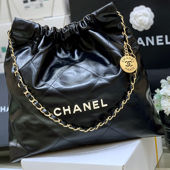 Chanel Shiny Calfskin 22 Handbag AS3261 Black with Gold