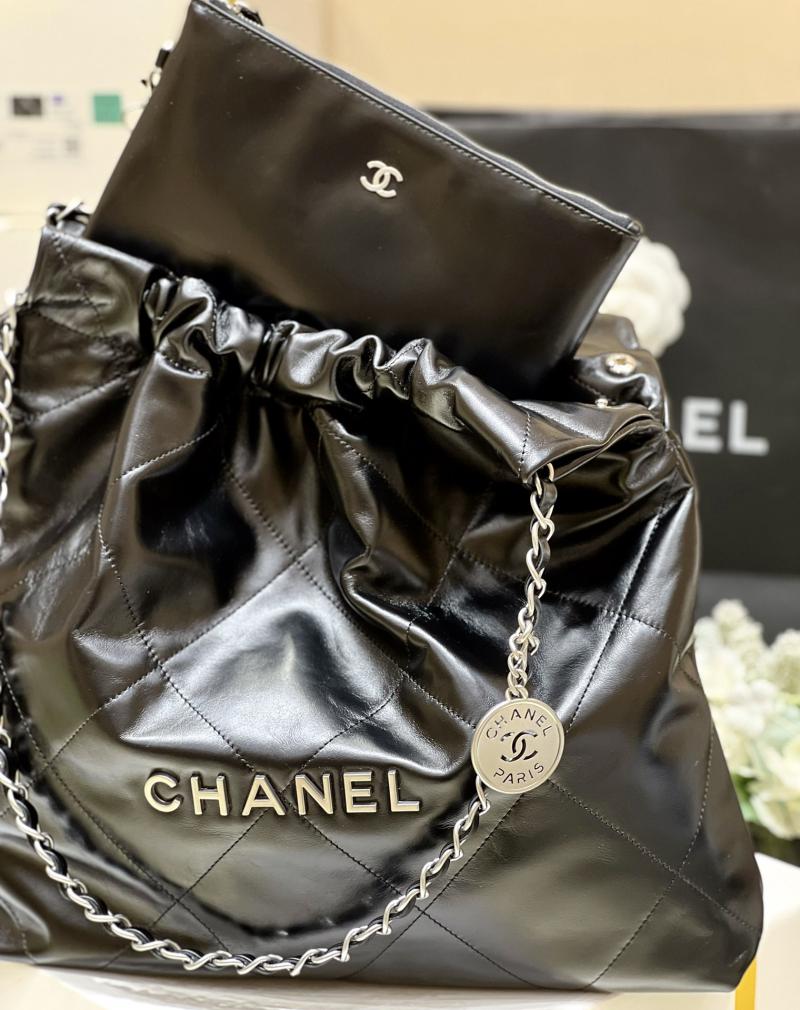 Chanel Shiny Calfskin 22 Handbag AS3261 Black with Silver