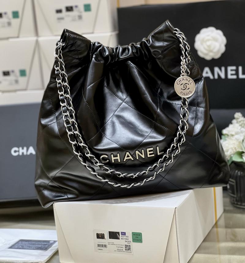 Chanel Shiny Calfskin 22 Handbag AS3261 Black with Silver