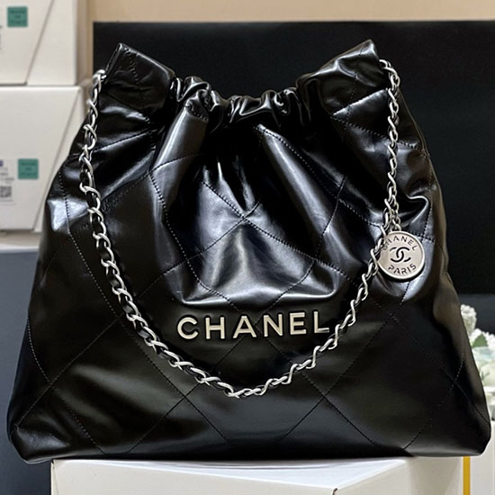 Chanel Shiny Calfskin 22 Handbag AS3261 Black with Silver