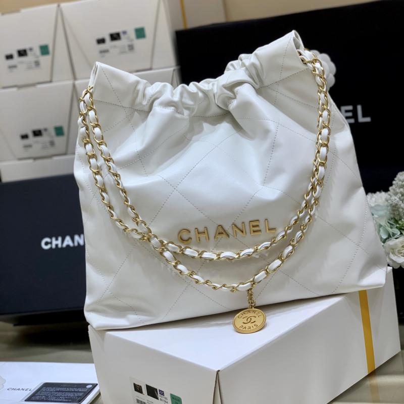 Chanel Shiny Calfskin 22 Handbag AS3261 White with Gold