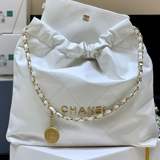 Chanel Shiny Calfskin 22 Handbag AS3261 White with Gold