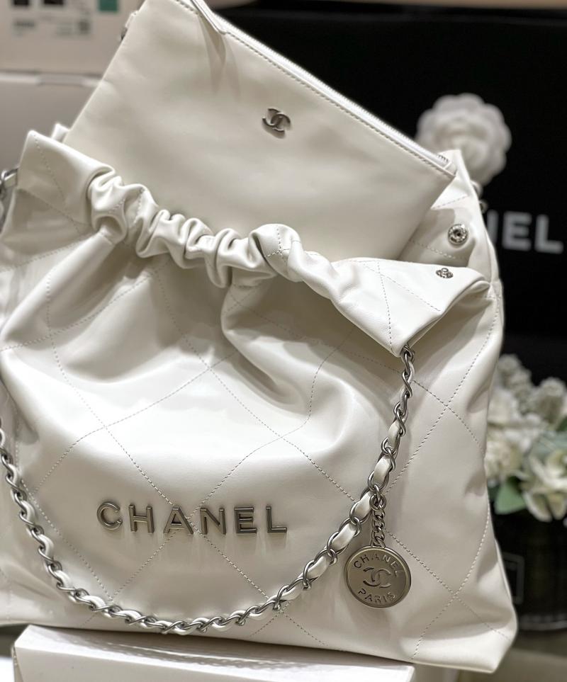 Chanel Shiny Calfskin 22 Handbag AS3261 White with Silver