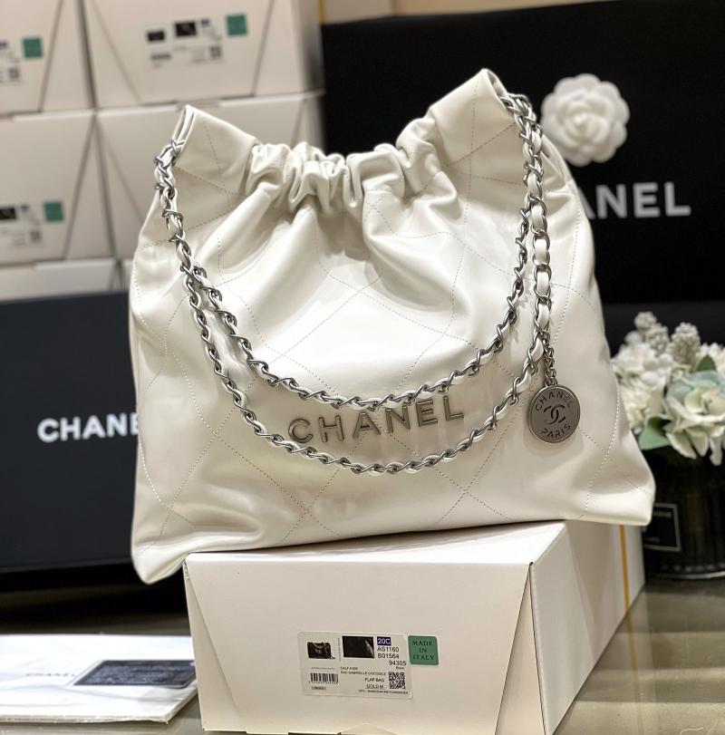 Chanel Shiny Calfskin 22 Handbag AS3261 White with Silver