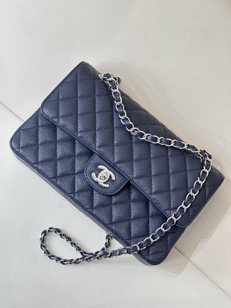 Medium Chanel Caviar Flap Bag A01112 Dark Blue with Silver