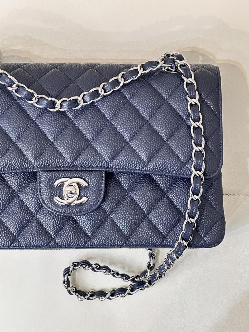 Medium Chanel Caviar Flap Bag A01112 Dark Blue with Silver