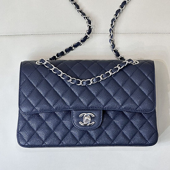 Medium Chanel Caviar Flap Bag A01112 Dark Blue with Silver