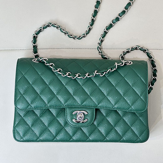 Medium Chanel Caviar Flap Bag A01112 Green with Silver