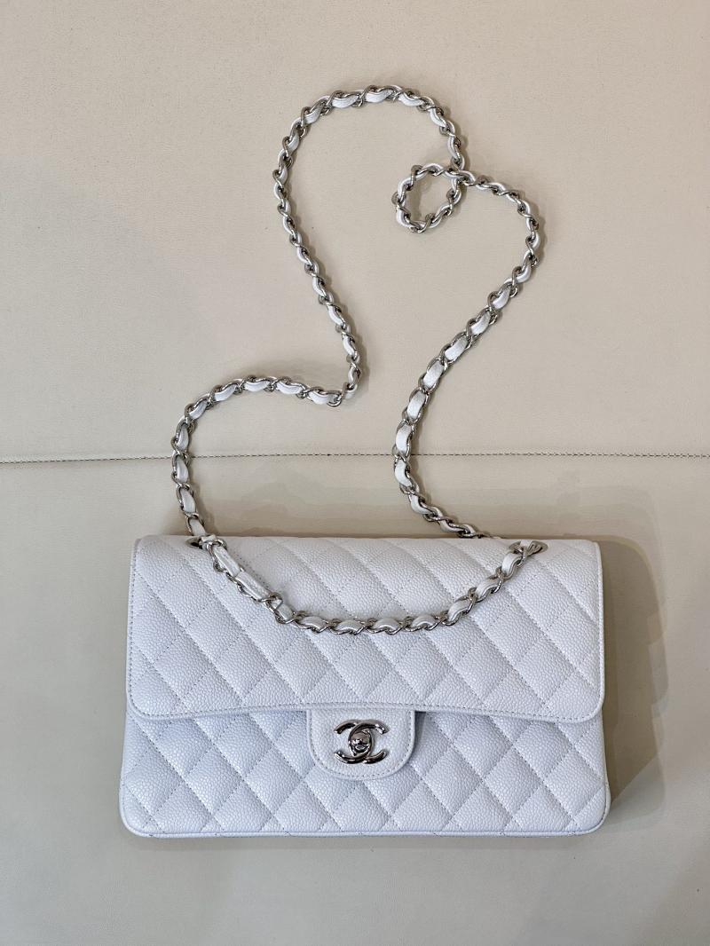 Medium Chanel Caviar Flap Bag A01112 White with Silver