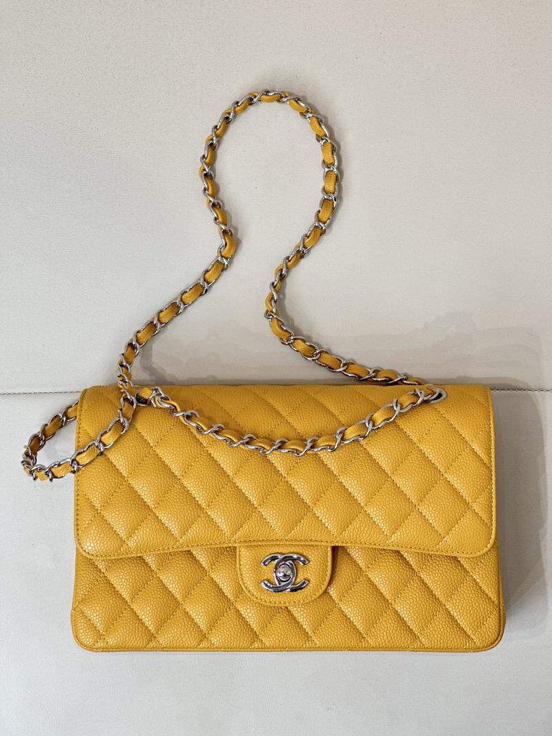 Medium Chanel Caviar Flap Bag A01112 Yellow with Silver