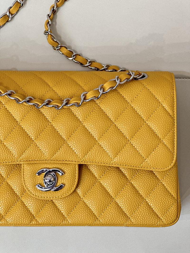 Medium Chanel Caviar Flap Bag A01112 Yellow with Silver