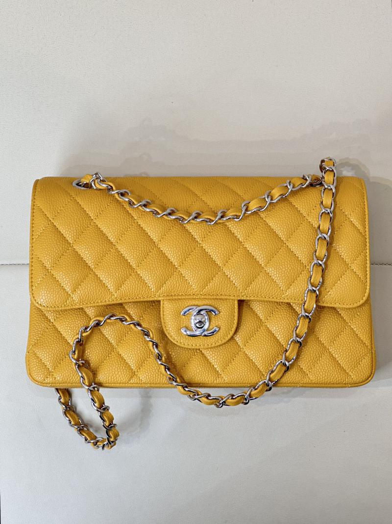 Medium Chanel Caviar Flap Bag A01112 Yellow with Silver