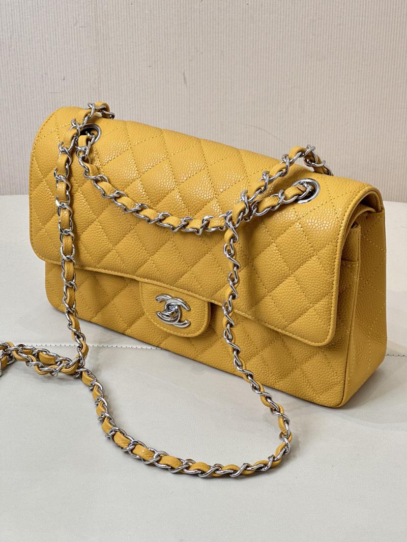 Medium Chanel Caviar Flap Bag A01112 Yellow with Silver