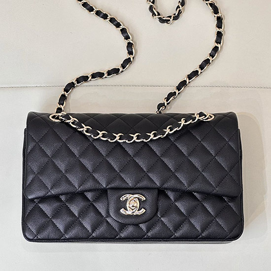 Medium Chanel Grained Calfskin Flap Bag A01112 Black with Gold