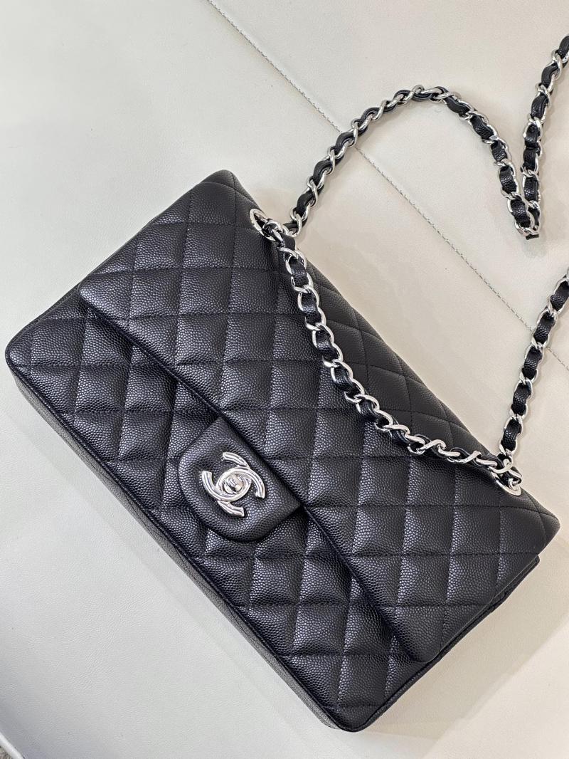 Medium Chanel Grained Calfskin Flap Bag A01112 Black with Silver